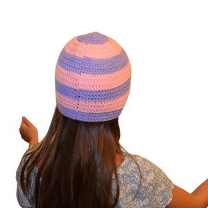 Beanie Hat Knit Crochet Purple Pink Stripes Girls 5-8 y.o.